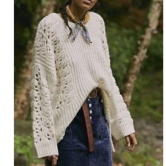 Pilcro Anthropologie Devenne Pointelle Knitted Pullover Small Ivory Sweater‎ - Picture 1 of 8